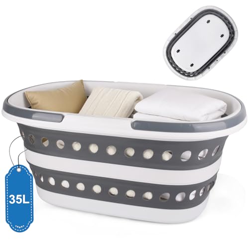 35L (9.25 Gallon) Collapsible Laundry Basket with Wheels, Large Collapse Laundry Basket with Handles, Pop-up Hamper Clothes Storage Organizer Folding Plastic Bin for Household Family Room Organization - size: 35L