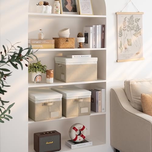 GRANNY SAYS Storage Bins with Lids, Storage Baskets for Linen Closet Shelves, Decorative Storage Boxes, Clothes Storage and Organization for Organizing, 3-Pack, Large, Khaki&Ivory - color: White&Khaki, size: Large