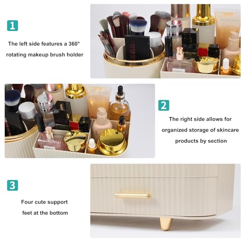 Makeup Organizer Countertop with Drawer 360 Rotating Brush Holder Storage Large Capacity Skincare Cosmetic Display Cases for Vanity Bathroom Desktop, Model 3016 Cream - color: Cream