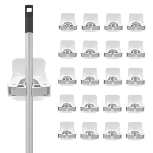 Superio Mop and Broom Holder, Set of 20 Single Piece Hooks, White Plastic Wall Mount Cleaning Storage Tool Organizer, Heavy-Duty Hook for Kitchen, Closet Garage, and Office - size: 20
