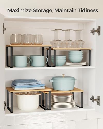 SONGMICS Cabinet Organizer Shelf, Set of 4 Kitchen Counter Shelves, Kitchen Storage, Spice Rack, Stackable, Expandable, Metal and Engineered Wood, Ink Black and Natural Beige UKCS10NB - color: Ink Black + Natural Beige, size: 11.7"W