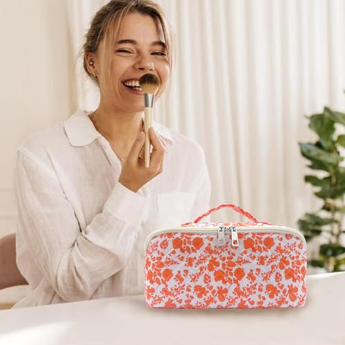 Orange Large Quilted Floral Makeup Bag Cute Coquette Aesthetic Cosmetic Bag Open Flat Travel Toiletry Make up Bag for Women - color: C-lay flat orange