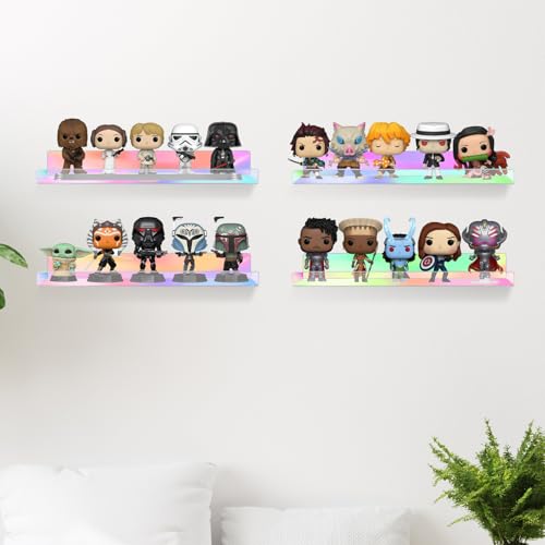 Dezzer 4 Pack Acrylic Shelves for Wall, 15" Acrylic Floating Shelves for Bathroom Bedroom, Invisible Bookshelf Wall Ledge Storage Shelf Books Perfume Toys Action Figure Display Shelves, Iridescent - style: 15 inch 4-pack Rainbow