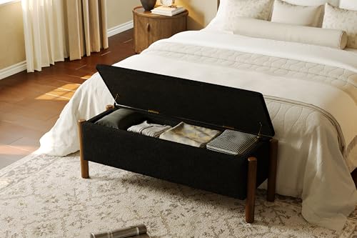 Modern Storage Benches with Walnut Wood Legs, 47'' Ottoman Bench with 20 Gallons Storage Space for Bedroom End of Bed, Fabric Upholstered Entryway Bench with Seating for Livingroom, Black - color: Black