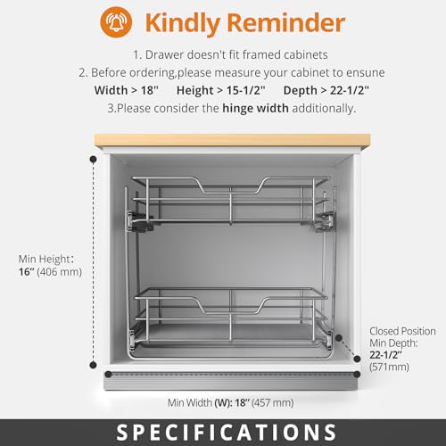 ZOINLIY Pull Out Cabinet Organizer, Versatile Slide Out Kitchen Organizers and Storage,Heavy Duty Drawer Cupboard Storage Basket, Smooth Sliding, Chrome Finish (2-Tiers-17¾''W×22“D) - size: 2-Tiers 17¾''W×22“D