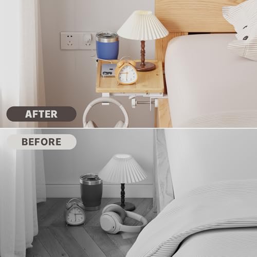 Magheo Bedside Shelf Wood, Foldable Clip-On Bed Shelf for Top Bunk Space Saving Bed Side Table Tray for College Dorm Essentials,Loft Nightstand Organizer Tray with Removable Cup Holder, Hooks - size: Foldable+cup holder/hooks