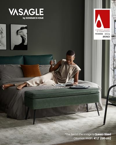VASAGLE EKHO Collection - Storage Ottoman Bench, Entryway Bedroom Bench, 15 Gallons, Synthetic Leather with Stitching, Mid-Century Modern, Safety Hinges, Loads 660 lb, Forest Green ULOM074C01 - color: Forest Green, style: 15-Gallon Storage Bench