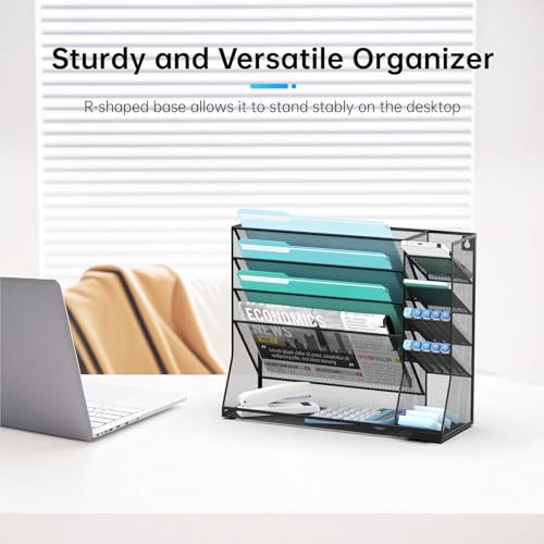 Wall File Organizer, 5-Tier Wall Organizer for Office with 4 Pen Slots, Vertical Hanging File Folder Holder with R-shaped Bottom Tray, Mesh Mail Holder Desk Organization for Workspace, Black - color: Black