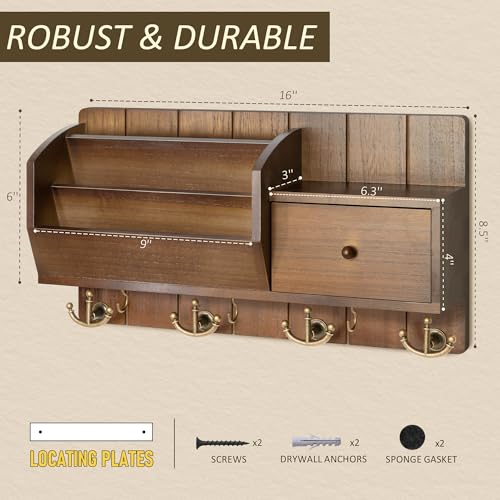Key Holder Wall Mount with Mail Sorter - Modern Farmhouse Key and Mail Organizer with Hooks and Mini Drawer for Home Decor - Rustic Apartment Essentials for Home Improvement (Brown & Golden Hooks) - color: Brown&Golden Hooks