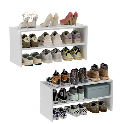 2 Pack White Shoe Rack for Closet, 2-Tier Expandable Small Shoe Shelf, Stackable Iron Wood Combination Shoe Organizer Racks Shelves for Closets, Entryway, Hallway, Garage, Holds 12-24 Pairs - color: White, size: 2 Pack (2 Tier)