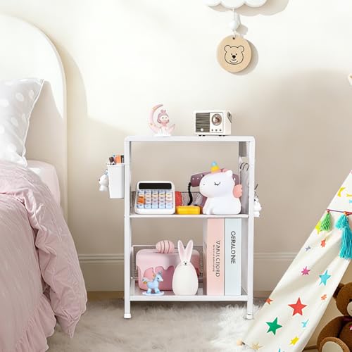 White Small Nightstand, Kids Nightstand for Bedroom, End Table with Hooks and Holder, Toddler Bedside Table for Girls, Desk Organizer for Office, Dorm (White) - color: White