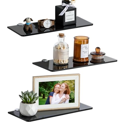 SAYAYO Glass Floating Shelves for Wall, Tempered Glass Shelves for Bathroom, Living Room, Bedroom, Office, Toilet, Kitchen Decor, 12Inch Set of 3, Black - color: Black, size: 3 PCS