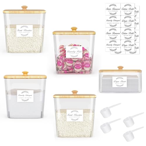 Vincona Laundry Room Organization and Storage, Laundry Pods Container and Dryer Sheet Holder with Bamboo Lids and Labels, Laundry Organizer with Scoops for Booster Beads, Powder, Pods, 4+1 Pack - size: 4+1 Pack