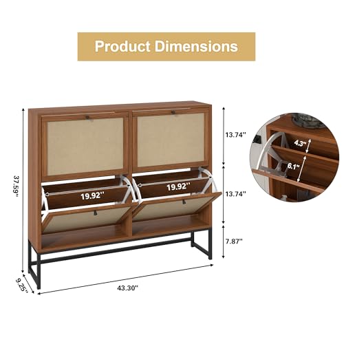 AVZEAR 43" Narrow Shoe Storage Cabinet for Entryway with Natural Linen Panel, Freestanding Slim Shoe Cabinet with 4 Flip Drawers, Wood Shoe Organizer Closed Shoe Rack for Hallway, Living Room(Walnut) - color: Walnut, size: 4 Drawers