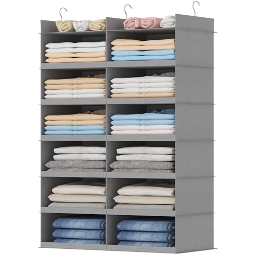 Lifewit Dual-Row Shelf Hanging Closet Organizer and Storage, Clothes Shelves with 3 Sturdy Hooks for Clothing Organization, Foldable Container Hold Up to 36 Sweaters, 6 Tier 12 Sections, Light Gray - color: Light Gray, size: 6-Tier