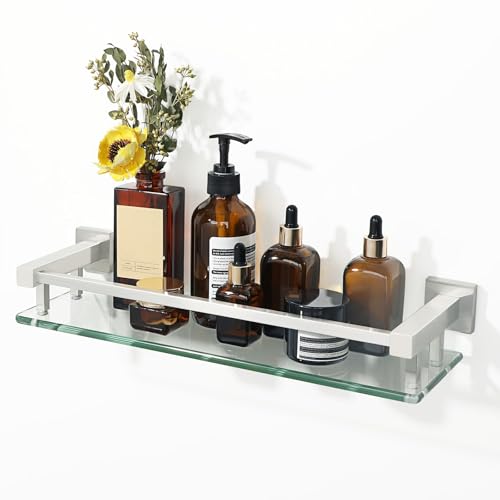 Alise Bathroom Glass Shelf with Stainless Steel Railing, Brushed Nickel Small Tempered Glass Floating Wall Shelf Over The Toilet, 16 inch - color: Brushed Nickel, size: 16 Inch