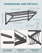 OROPY 23 Inch Wall Mounted Pot Rack Storage Shelf with 2 Tier Hanging Rails 12 S Hooks included, Ideal for Pans, Utensils, Cookware, Plant Black - size: 23.7 Inch