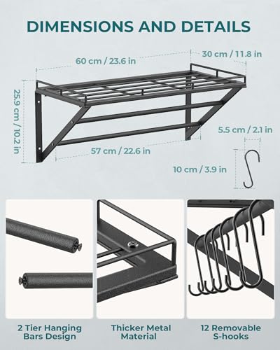 OROPY 23 Inch Wall Mounted Pot Rack Storage Shelf with 2 Tier Hanging Rails 12 S Hooks included, Ideal for Pans, Utensils, Cookware, Plant Black - size: 23.7 Inch