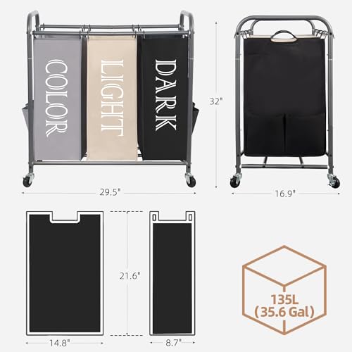 STORAGE MANIAC 3 Section Laundry Sorter, 35.9 Gal (136 L) Laundry Hamper Cart with Heavy Duty Rolling Lockable Wheel and Removable Bag, Clothes Organizer Basket Clothes Separator Hamper, Multicolored - color: Multicolored, size: 3 Section