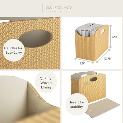BLU MONACO | Gold Magazine Holder | Woven PVC Leather Organizer with MDF Frame | Floor or Table Storage for Home Office Bathroom | Large Capacity Vertical File Basket - color: Gold