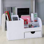 KINGFOM Desk Organizer Office Supplies Caddy Pu Leather Multi-function Storage Box Pen/Pencil,Cell phone, Business Name Cards Remote Control Holder with Small Drawer White - color: White