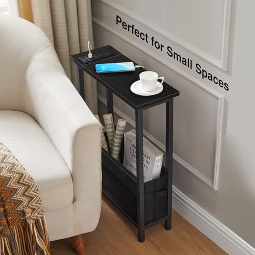 BAMGROW Slim Charging End Table with Storage - for Small Spaces and Bedroom (Black) - color: Black