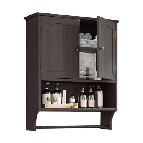 Bathroom Cabinet, Bathroom Wall Cabinet with 2 Doors and Adjustable Shelf, Wooden Medicine Cabinets Wall Mount, Over The Toilet Storage - color: Bathroom Wall Cabinet With Towel Rack-brown