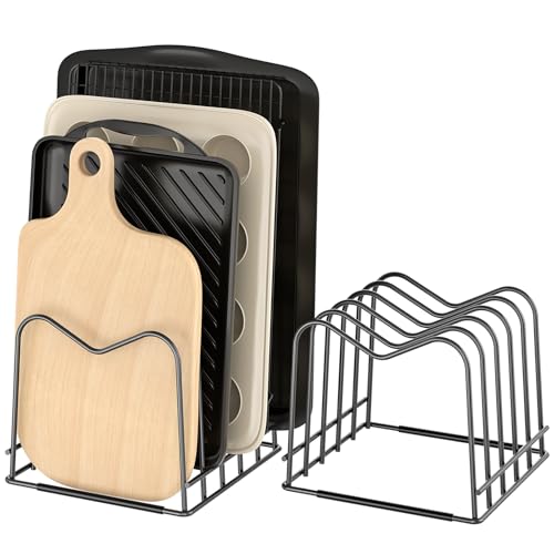 ORDORA 2 Pack Cutting Board Holder Stand Rack Organizer for Cabinet, 5mm Wire Storage Rack for Countertop, Baking Cookie Sheet Pan Organizer inside Cabinet, Chopping Board Holder for Pots and Skillets - size: 5-Slot 2 pack