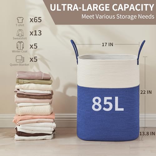 AINUOQI Laundry Basket with Handles - Blanket Basket & Hampers for Bedroom Aesthetic, Laundry Hamper & Blanket Storage for Living Room, Clothes Hamper, Tall, Large 17" x 14" x 23”, White & Dark Blue - color: White & Dark Blue, size: 85L