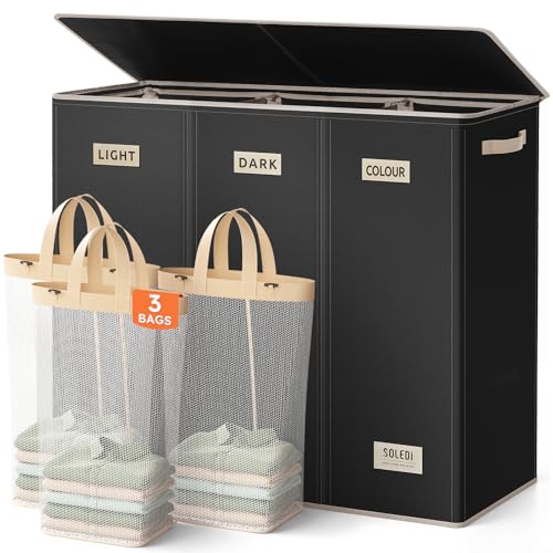 SOLEDI 200L 3-Section Laundry Hamper with Lid, Extra Large Dirty Clothes Basket with Sturdy Handles for Laundry Room & Bedroom - Durable Organizer for Sorting Laundry - color: Black, size: 200L