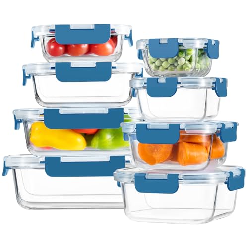 HOMBERKING 8 Pack Glass Food Storage Containers with Lids, Meal Prep Containers, Airtight Bento Boxes with Leak Proof Locking for Microwave, Oven, Freezer and Dishwasher, BPA Free, 5-35oz, Deep blue - color: Deep Blue