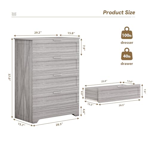 FTZxHKLX Farmhouse 4 Drawer Dresser for Bedroom, Tall Bedroom Dresser with Large Drawer & Silver Handles, Wooden Storage Organizer Cabinet Chest of Drawer for Closet, Living Room, Hallway, Wash Grey - color: Wash Grey