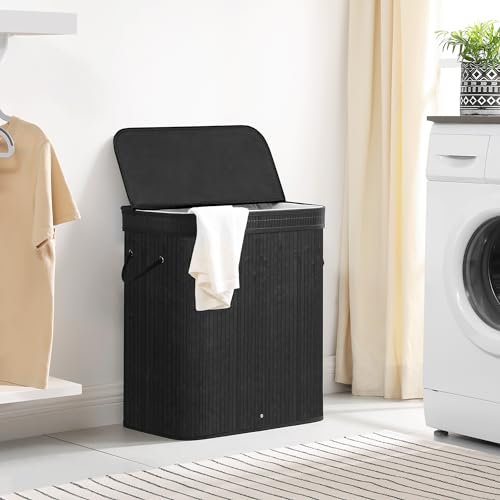 SONGMICS Laundry Hamper with Lid, Bamboo Laundry Basket, Removable Machine Washable Laundry Basket, with Handles, 26.4-Gallons, for Laundry Room, Bedroom, Bathroom, Ink Black ULCB63H - color: Ink Black, size: 100 L