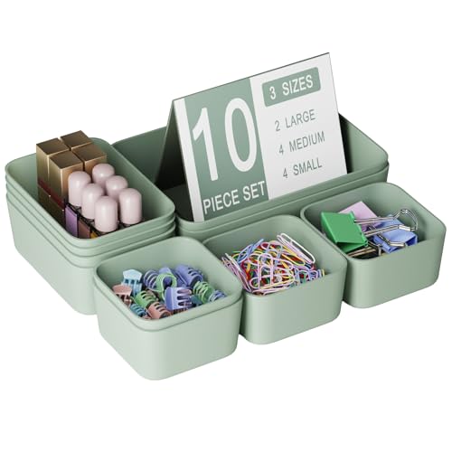 Plastic Drawer Organizers, 10 PCS Drawer Organizer Bins, Bathroom and Vanity Organizer Plastic Tray, Makeup organizer and storage for Makeup, Bedroom, Kitchen Gadgets Utensils and Office (Green) - color: Green, size: 10pcs
