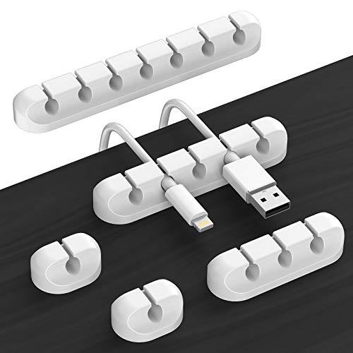 Cord Holder Cable Organizer Clips – Self Adhesive Cord Organizer for Desk, Car, Nightstands, Office, White Silicone Cord Keeper Cable Clips Wire Holders for Phone Charger Cords (7-5-3-1-1 Slots) - color: White