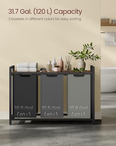 VASAGLE Laundry Hamper, Laundry Basket, Laundry Sorter with 3 Pull-Out and Removable Bags, Shelf, Metal Frame, 3 x 10.6 Gallons (40 L), 36.4 x 13 x 28.4 Inches, Tricolor and Rustic Brown UBLH301X01 - color: Tricolor + Rustic Brown, size: 3 Bags - 120 L
