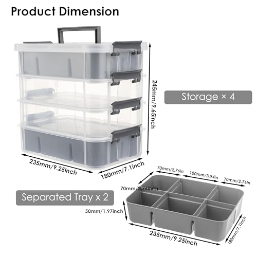 CraftGenes Grey&White Modern Plastic Storage Box - 4-Layer Durable Craft Storage Containers with 2 Removable Trays for Arts & Crafts Supplies, Sewing, Office, Seasonal Decor - color: Grey