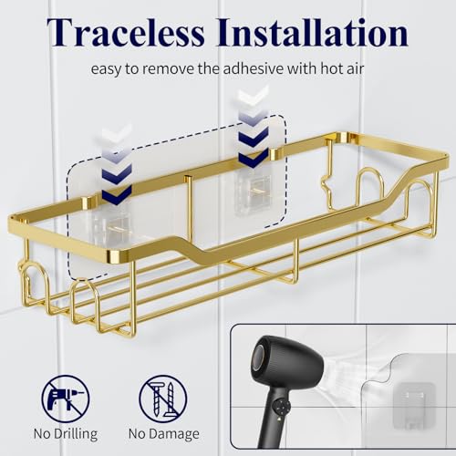 Kitsure Shower Caddy Large - Adhesive Shower Organizer, Stainless Steel Shelf for Inside Shower, No Drill Bathroom Organizers and Storage, Home Decor Accessories, 2 Pack, Gold - color: Gold, size: Large