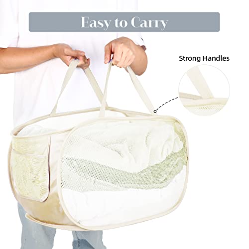 Durable Collapsible Laundry Baskets, Mesh Pop Up Laundry Hamper with Side Pocket, Foldable Clothes Hamper with Reinforced Carry Handles for Laundry, Bathroom, Kids Room, Dorm or Travel 2 Pack Beige - color: 2 x Beige