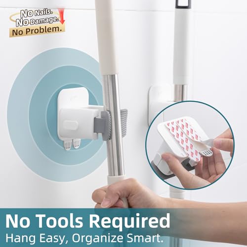 TAILI Mop and Broom Holder Wall Mount Grippers, 2 Hangers and 6 Adhesive Strips, Damage Free Hanging Wall Mount, Household Cleaning Organizer for Organization and Storage, Holds up to 4 lbs, Grey - color: Grey, size: 2 Pack