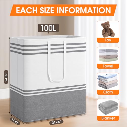 2 Pack Large Home Laundry Basket, Laundry Hamper, Freestanding Waterproof Dirty Clothes Bag, Tall Clothes Hamper - Extended & Reinforced Handles for College Dorm, Family (Light Grey/100L) - size: 2 x 100L