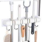 OTraki Broom Holder Wall Mount, No Drill Mop and Broom Organizer with 4 Slots and 5 Hooks, Garden Tool Hanger for Laundry Room Closet Kitchen Garage Storage and Organization