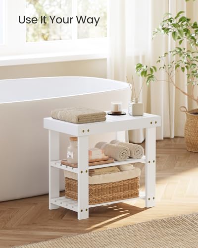 SONGMICS Shoe Rack Bench, 3-Tier Bamboo Shoe Storage Organizer, Entryway Bench, Holds Up to 286 lb, 11.3 x 19.7 x 17.8 Inches, for Entryway Bathroom Bedroom, Cloud White ULBS001W01 - color: Cloud White, size: 19.7"W