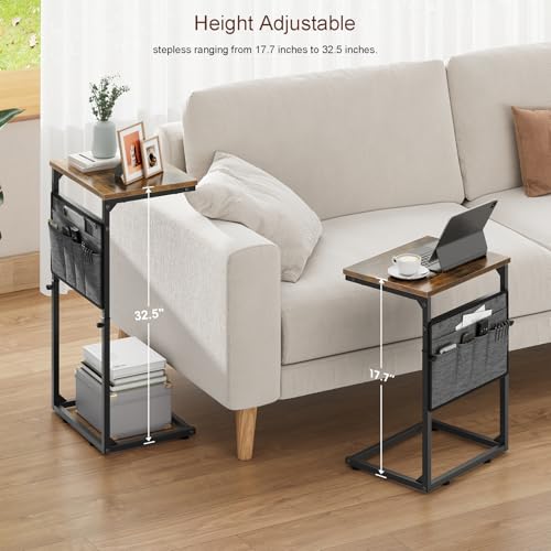 Vagusicc C Shaped End Table, Set of 2 Tall Side Table for Couch, Adjustable Height Small Couch Side Table for Small Spaces, End Table Slide Under Sofa Table TV Tray Arm Table for Living Room, Brown - color: Rustic Brown 2pc