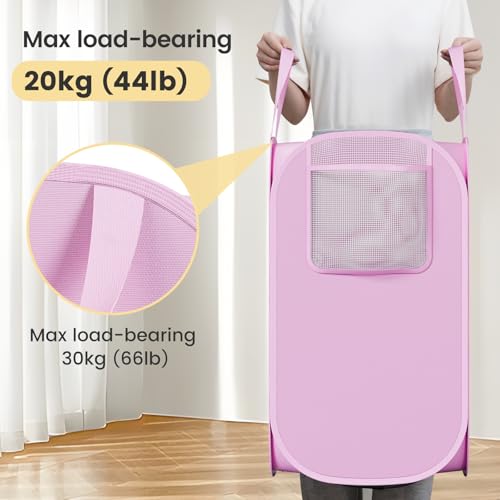 Polyester Strong Mesh Pop-up Laundry Hamper, Quality Pop Up Hampers for Laundry with Durable Handles Solid Bottom High Carbon Steel Frame, Easy to Open and Fold Flat for Storage(Light Pink) - color: pink, size: 1-Pack