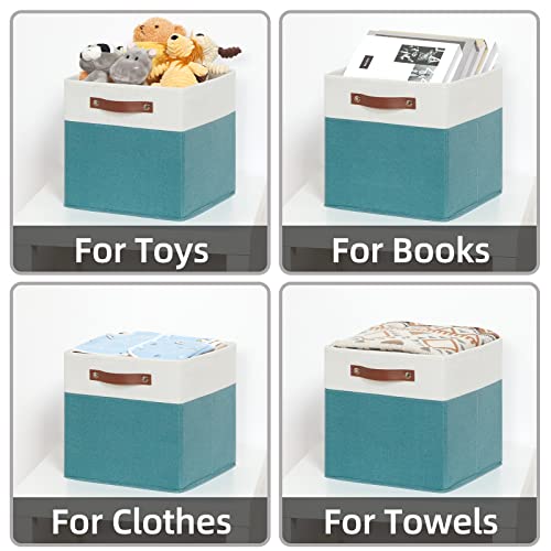 HNZIGE Storage Cubes Bins for Organization Set of 4, Fabric Storage Cube 12 x12, Collapsible Storage Bins Basket Cube with Handles, Canvas for Organizing Shelf Home Nursery(Teal White) - color: White, size: 12"x12"x12"-4pack