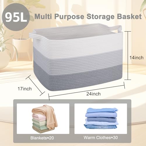 OIAHOMY Extra Large Blanket Basket, 95L Cotton Rope Woven Laundry Basket, Toy Bin for Baby Room, Container for Blanket Storage in Living Room, 24''×17''×14'', Gradient Grey - color: Gradient Grey, size: 95L