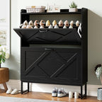 Nicetree Shoe Storage Cabinet with 2 Flip Drawers, Freestanding Shoe Organizer, Shoe Cabinet with Metal Legs, Narrow Shoe Rack Cabinet, Farmhouse Slim Shoe Cabinet for Entryway, Foyer, Hallway, Black - color: Black, style: 2-Drawers