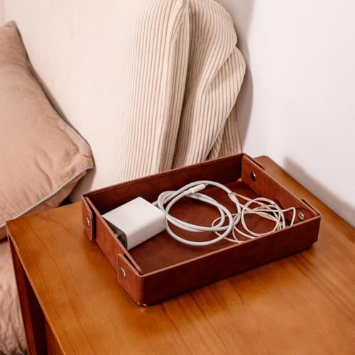 SANQIANWAN PU Leather Valet Tray Small NightStand Bedside Entry Table Trya for Phone Jewelry Glasses Keys and Coins Father's Day Birthday Gifts (Brown) - color: Brown