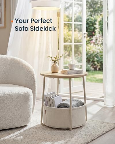 SONGMICS HOME Small Side Table, Round End Table, 2 Tier Nightstand with Basket, U Shaped Steel Legs, Easy Assembly, for Living Room, Bedroom, Beige and White - color: Beige + White, size: 1 pack